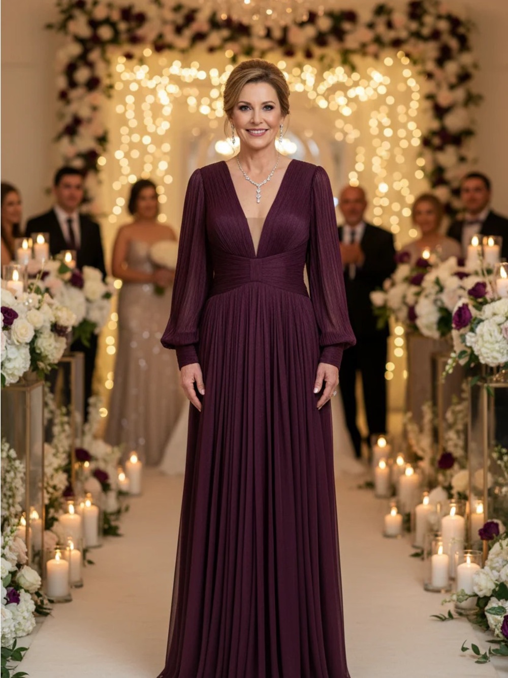 Tarik Ediz Plum Long-Sleeve V-Neck Pleated Evening Gown